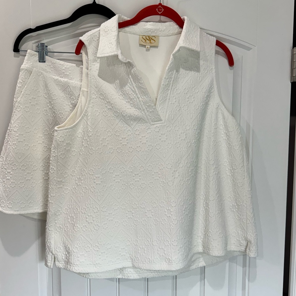 SSYS The Label White Textured Matching Short Set XL Sleeveless Collared Top